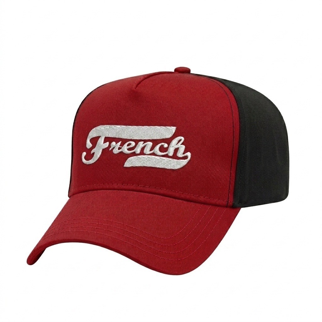 USA-made 5L Red-Black Chino baseball cap, decorated view, manufactured in Newark NJ