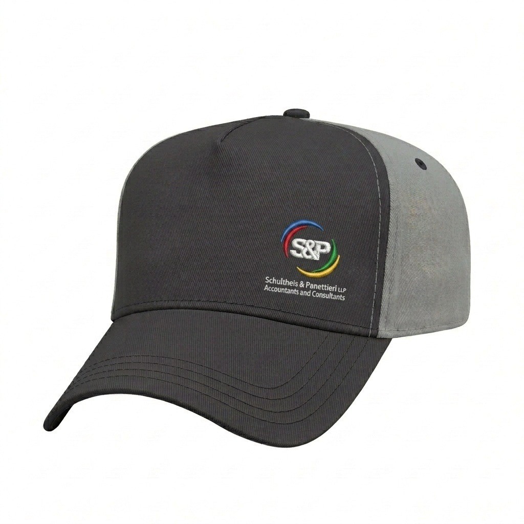 USA-made 5L Dark Gray-Light Gray Chino baseball cap, decorated view, manufactured in Newark NJ