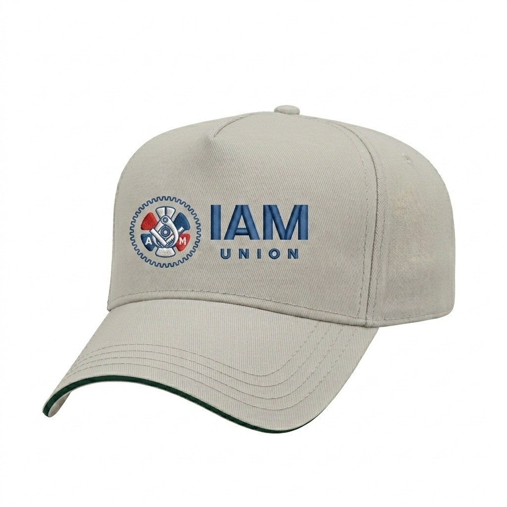 USA-made 5L Putty-Hunter Green Chino baseball cap, decorated view, manufactured in Newark NJ