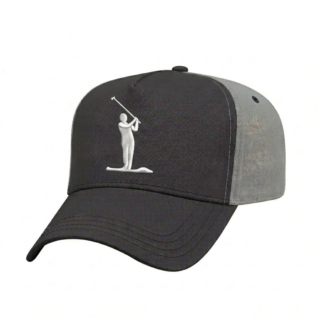 USA-made 5L Dark Gray-Light Gray Chino baseball cap, decorated view, manufactured in Newark NJ