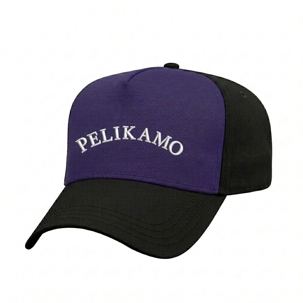 USA-made 5L Purple-Black Chino baseball cap, decorated view, manufactured in Newark NJ
