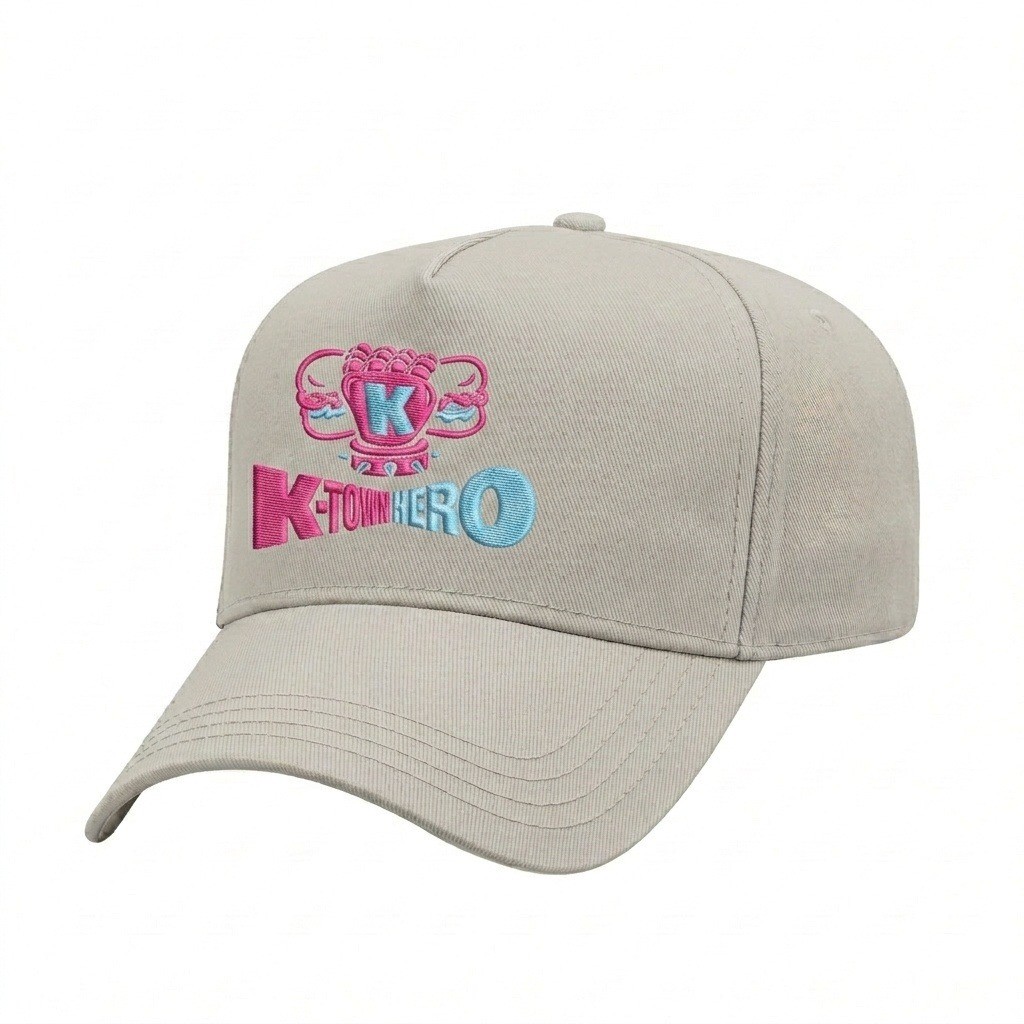 USA-made 5L Putty Chino baseball cap, decorated view, manufactured in Newark NJ