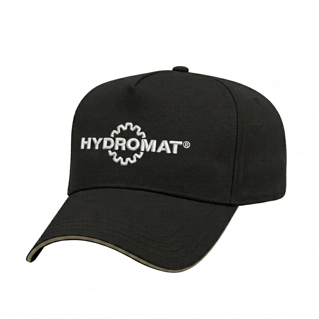 USA-made 5L Black-Khaki Chino baseball cap, decorated view, manufactured in Newark NJ