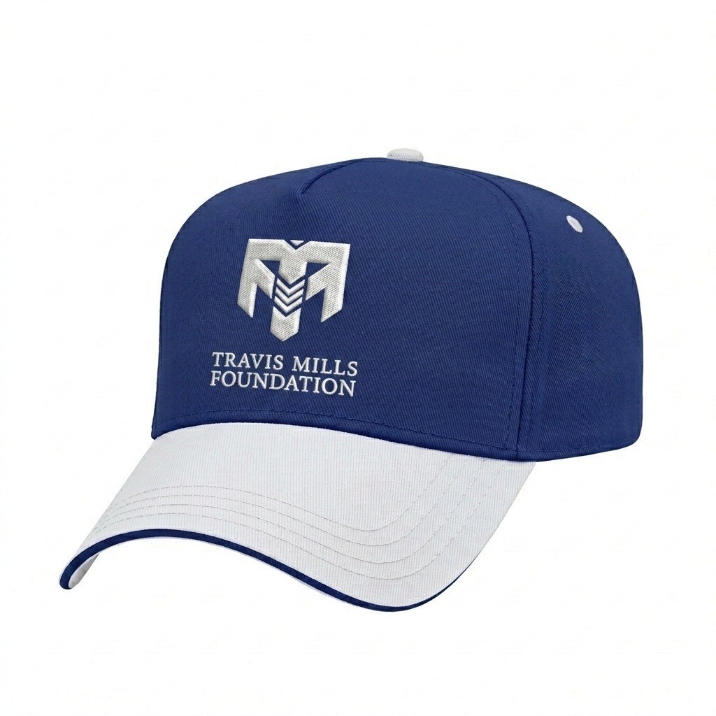 USA-made 5L Royal Blue-White Chino baseball cap, decorated view, manufactured in Newark NJ