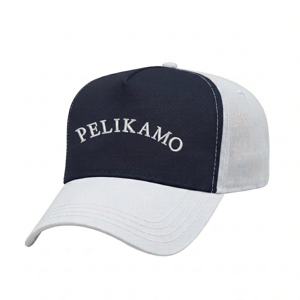 USA-made 5L Navy-White Chino baseball cap, decorated view, manufactured in Newark NJ