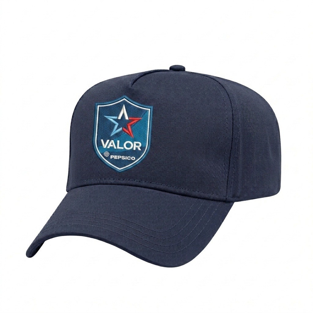 USA-made 5L Navy Chino baseball cap, decorated view, manufactured in Newark NJ