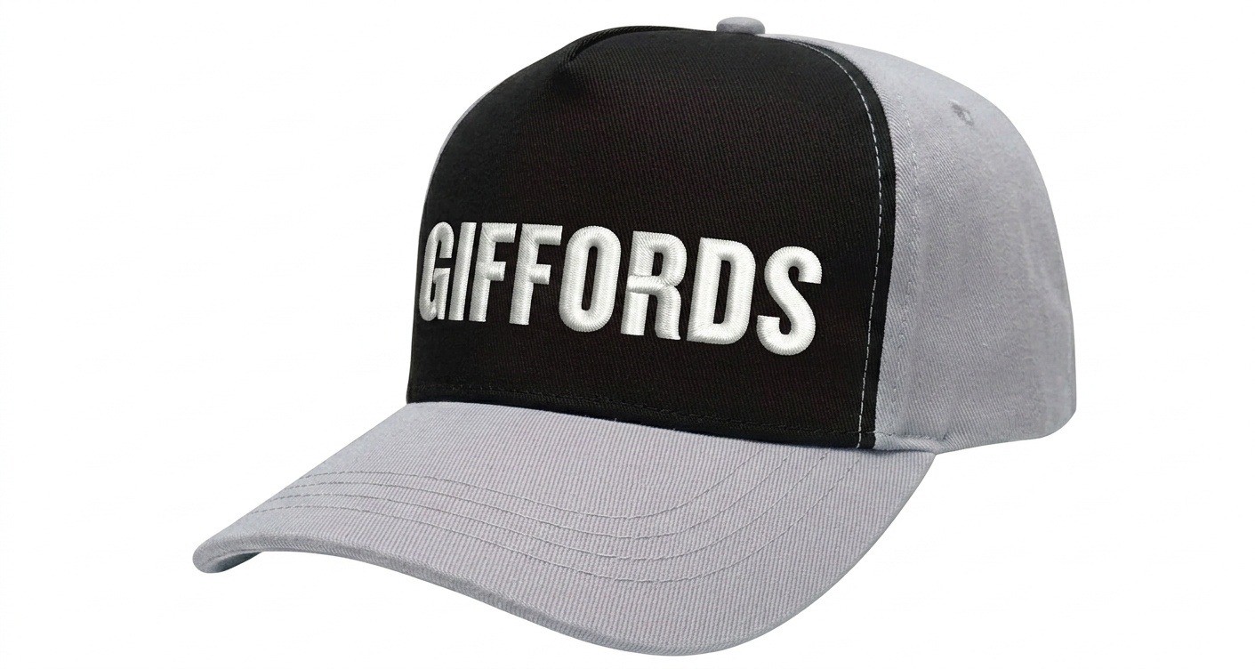 USA-made 5S Black-White Chino baseball cap, decorated view, manufactured in Newark NJ