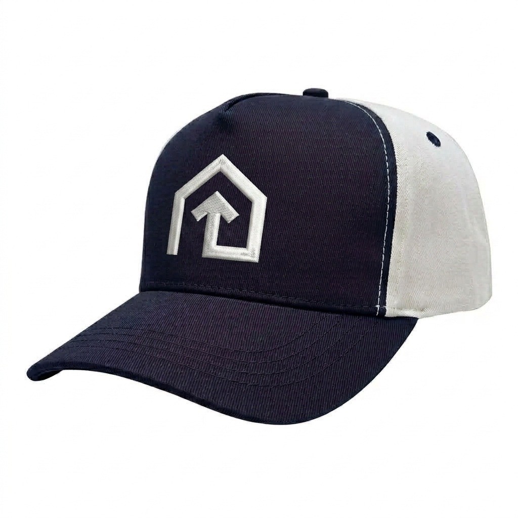 USA-made 5S Navy-White Chino baseball cap, decorated view, manufactured in Newark NJ