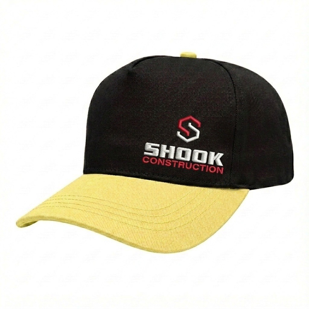 USA-made 5S Black-Safety Green Chino baseball cap, decorated view, manufactured in Newark NJ