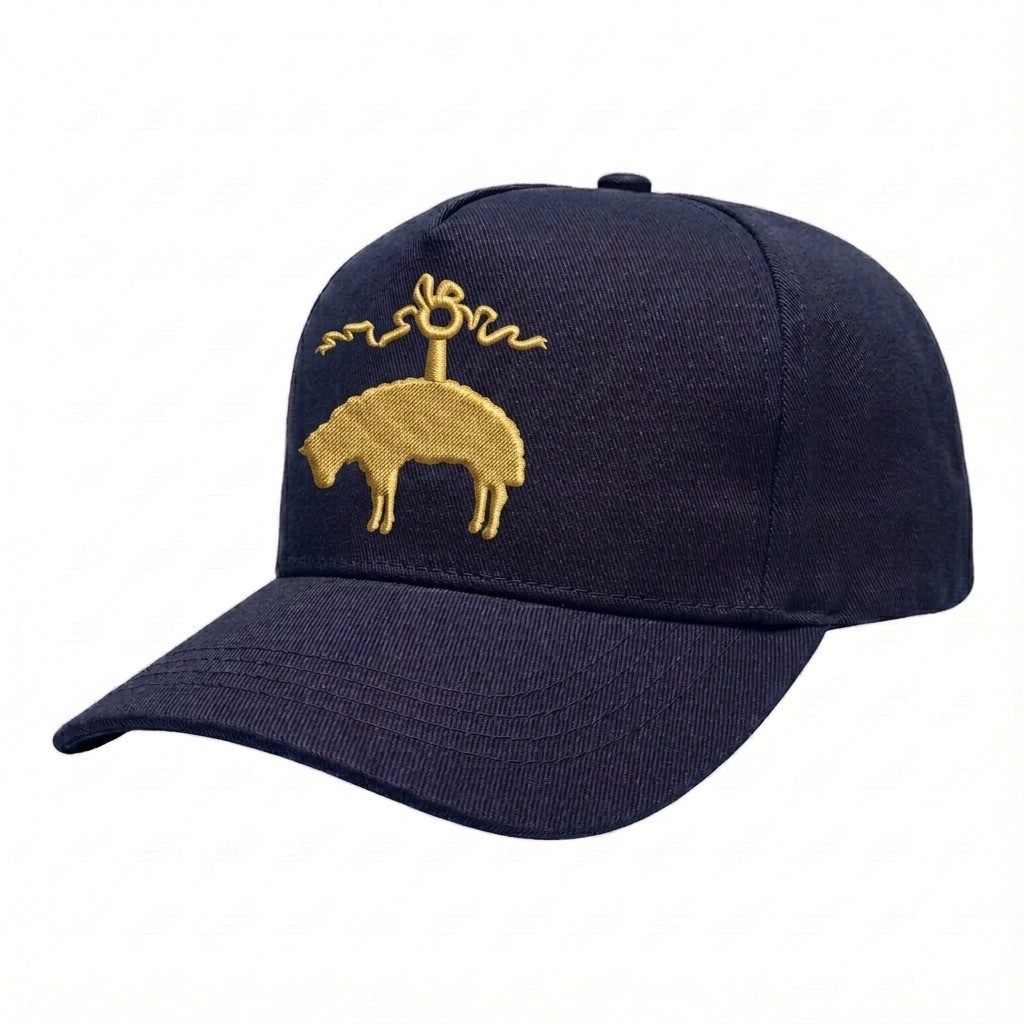 USA-made 5S Navy Chino baseball cap, decorated view, manufactured in Newark NJ