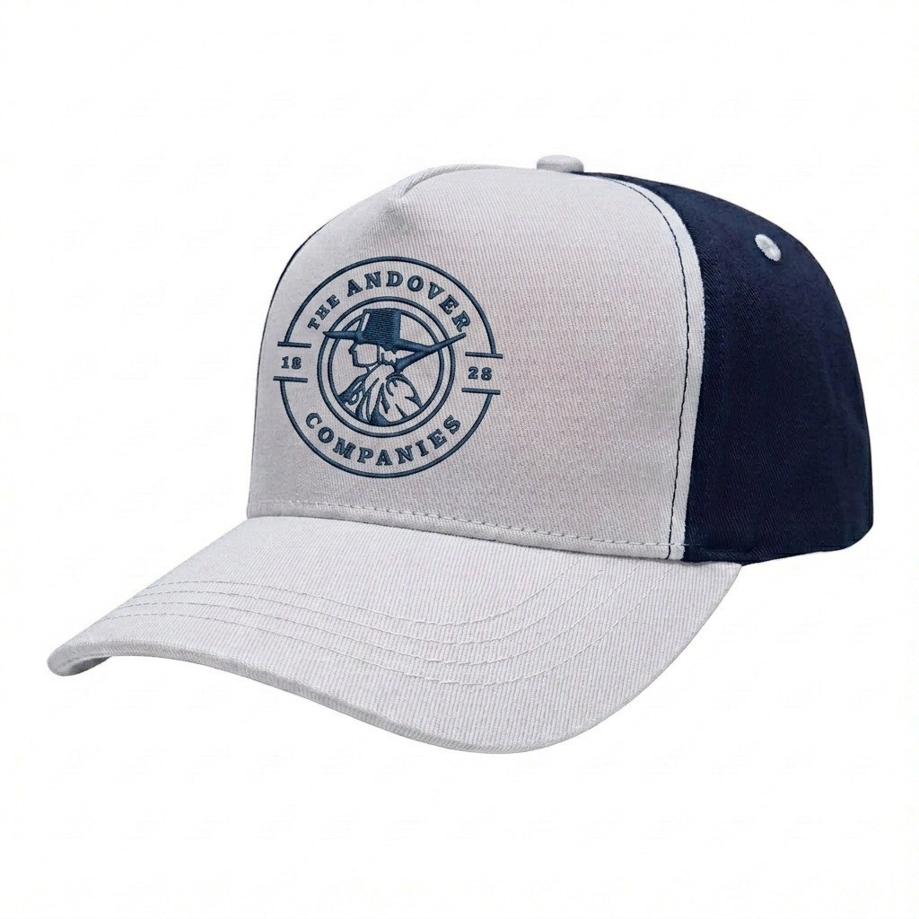 USA-made 5S White-Navy Chino baseball cap, decorated view, manufactured in Newark NJ