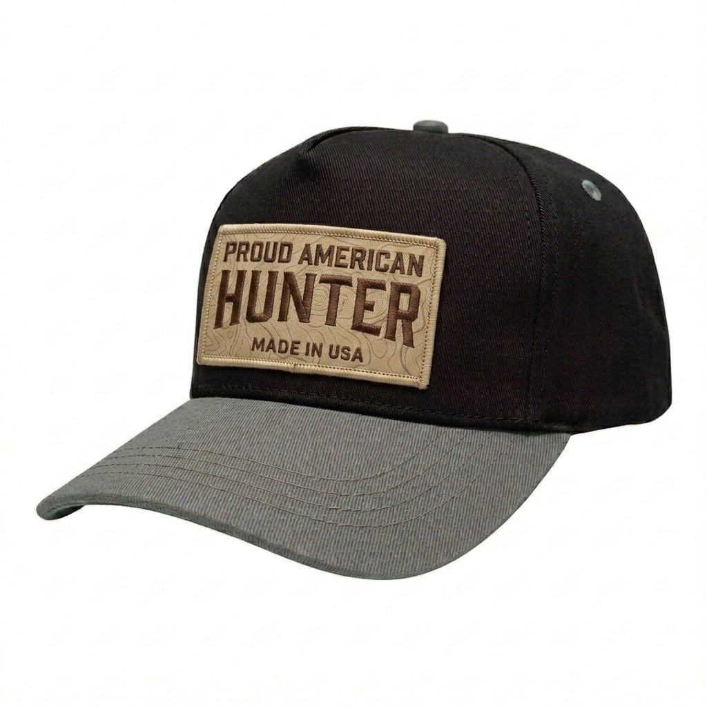 USA-made 5S Black-Light Gray Chino baseball cap, decorated view, manufactured in Newark NJ