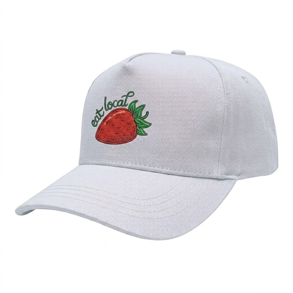 USA-made 5S White Chino baseball cap, decorated view, manufactured in Newark NJ