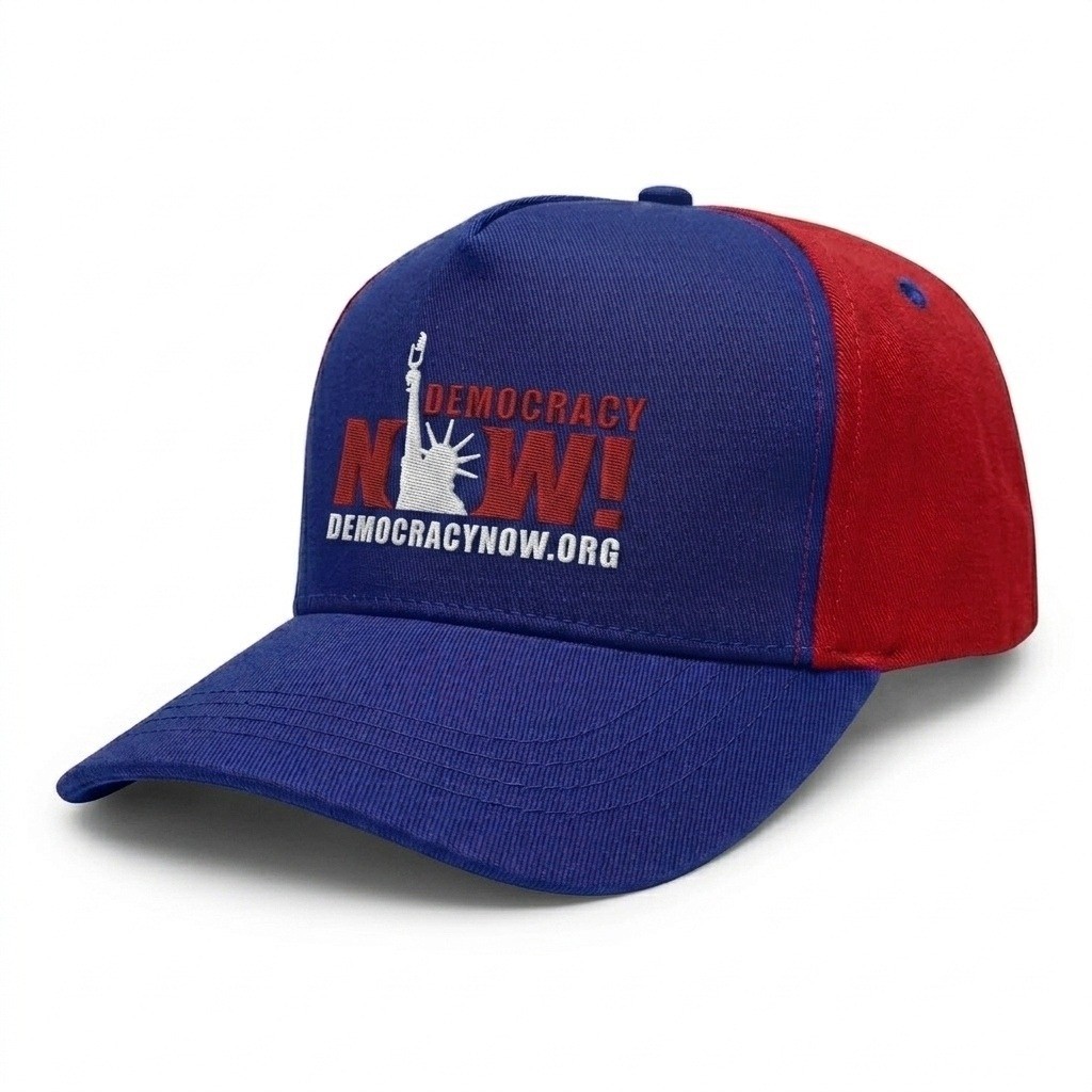 USA-made 5S Royal Blue-Red Chino baseball cap, decorated view, manufactured in Newark NJ