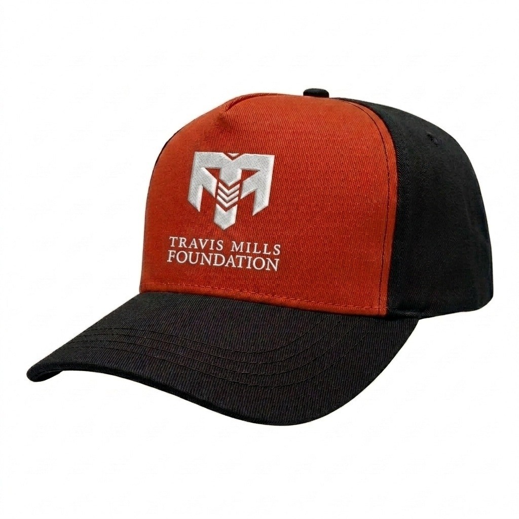 USA-made 5S Orange-Black Chino baseball cap, decorated view, manufactured in Newark NJ