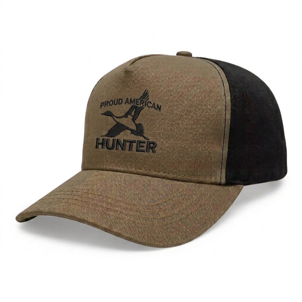 USA-made 5S Khaki-Black Chino baseball cap, decorated view, manufactured in Newark NJ