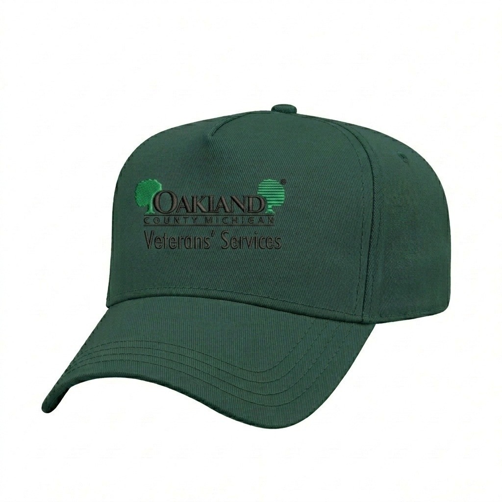 USA-made 5L Hunter Green Brushed Denim baseball cap, decorated view, manufactured in Newark NJ