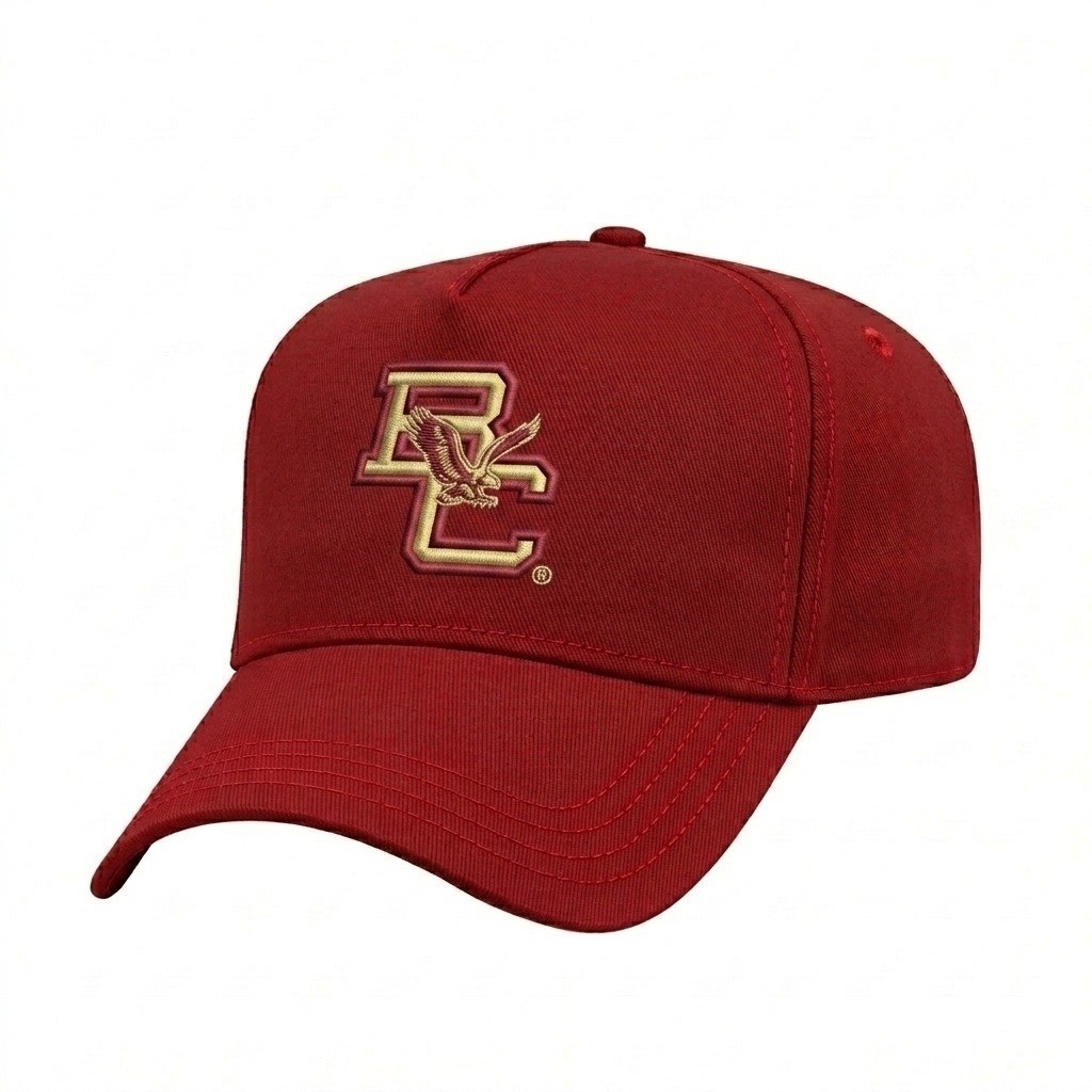 USA-made 5L Red Brushed Denim baseball cap, decorated view, manufactured in Newark NJ
