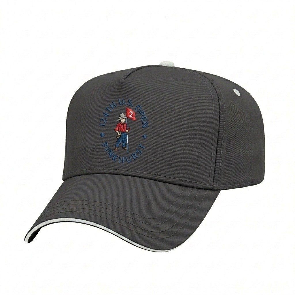 USA-made 5L Dark Gray-White Brushed Denim baseball cap, decorated view, manufactured in Newark NJ