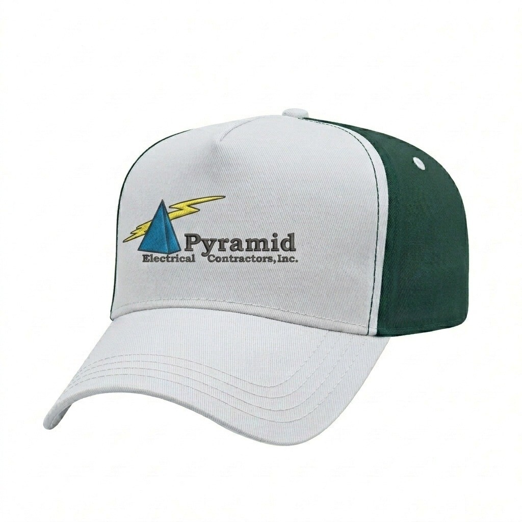 USA-made 5L White-Hunter Green Brushed Denim baseball cap, decorated view, manufactured in Newark NJ