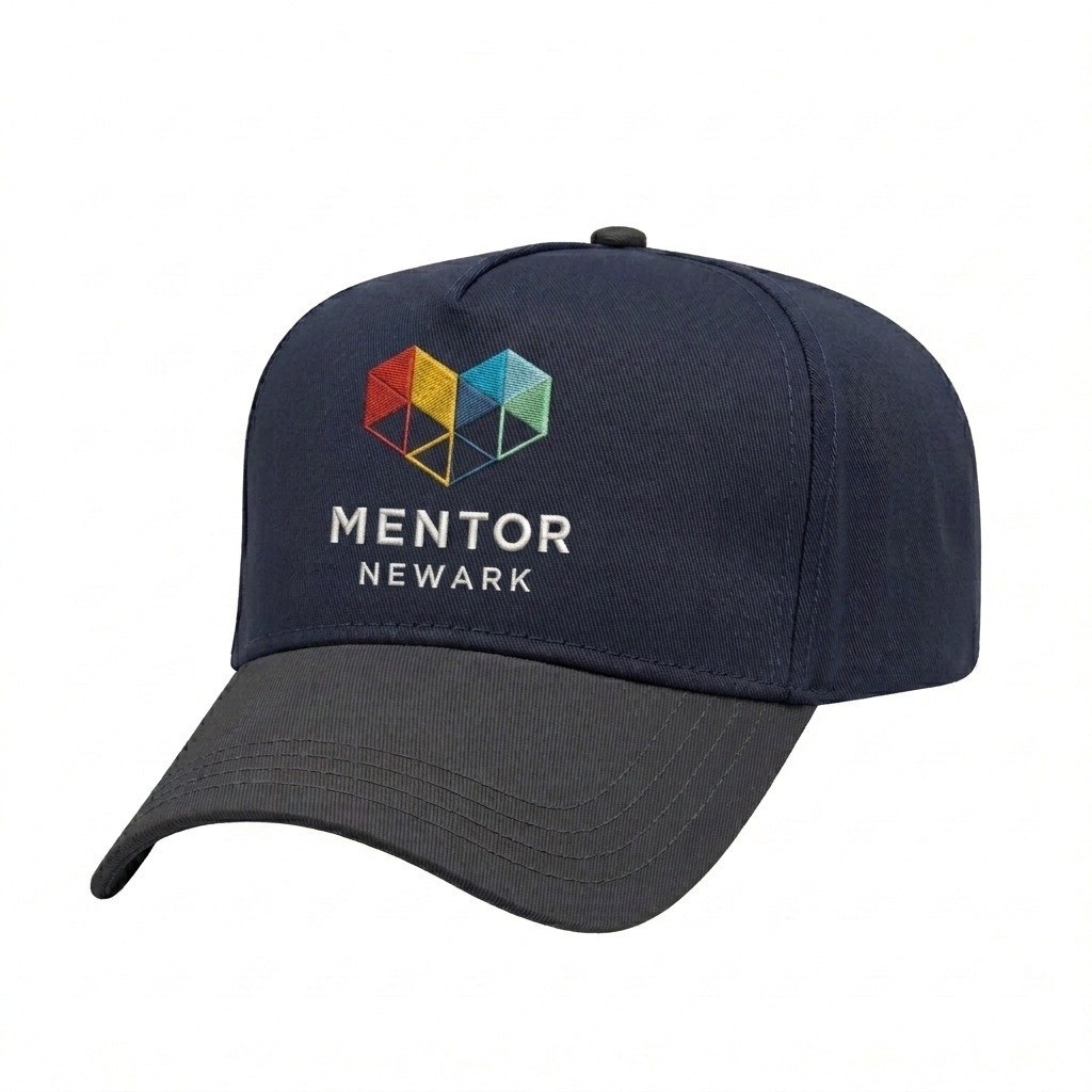 USA-made 5L Navy-Dark Gray Brushed Denim baseball cap, decorated view, manufactured in Newark NJ