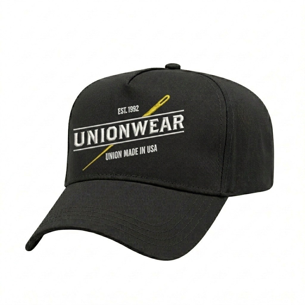 USA-made 5L Black Brushed Denim baseball cap, decorated view, manufactured in Newark NJ