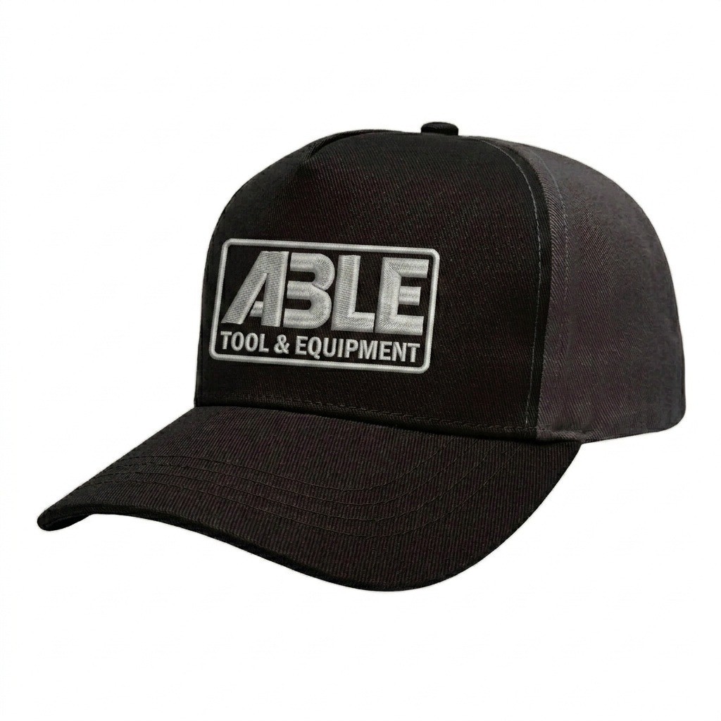 USA-made 5S Black-Dark Gray Brushed Denim baseball cap, decorated view, manufactured in Newark NJ