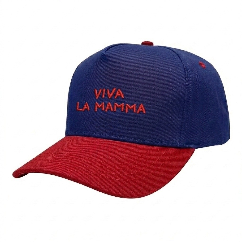 USA-made 5S Royal Blue-Red Brushed Denim baseball cap, decorated view, manufactured in Newark NJ