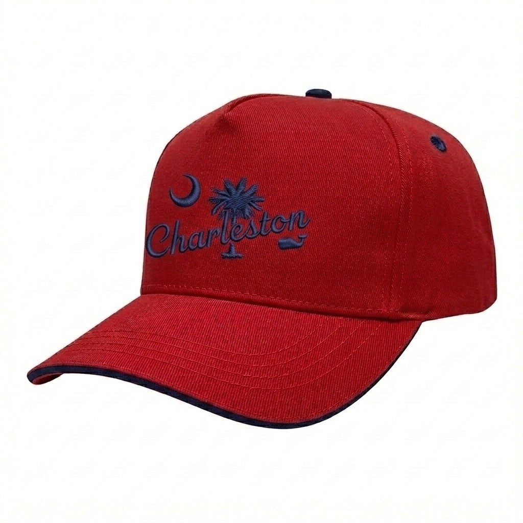 USA-made 5S Red-Navy Brushed Denim baseball cap, decorated view, manufactured in Newark NJ