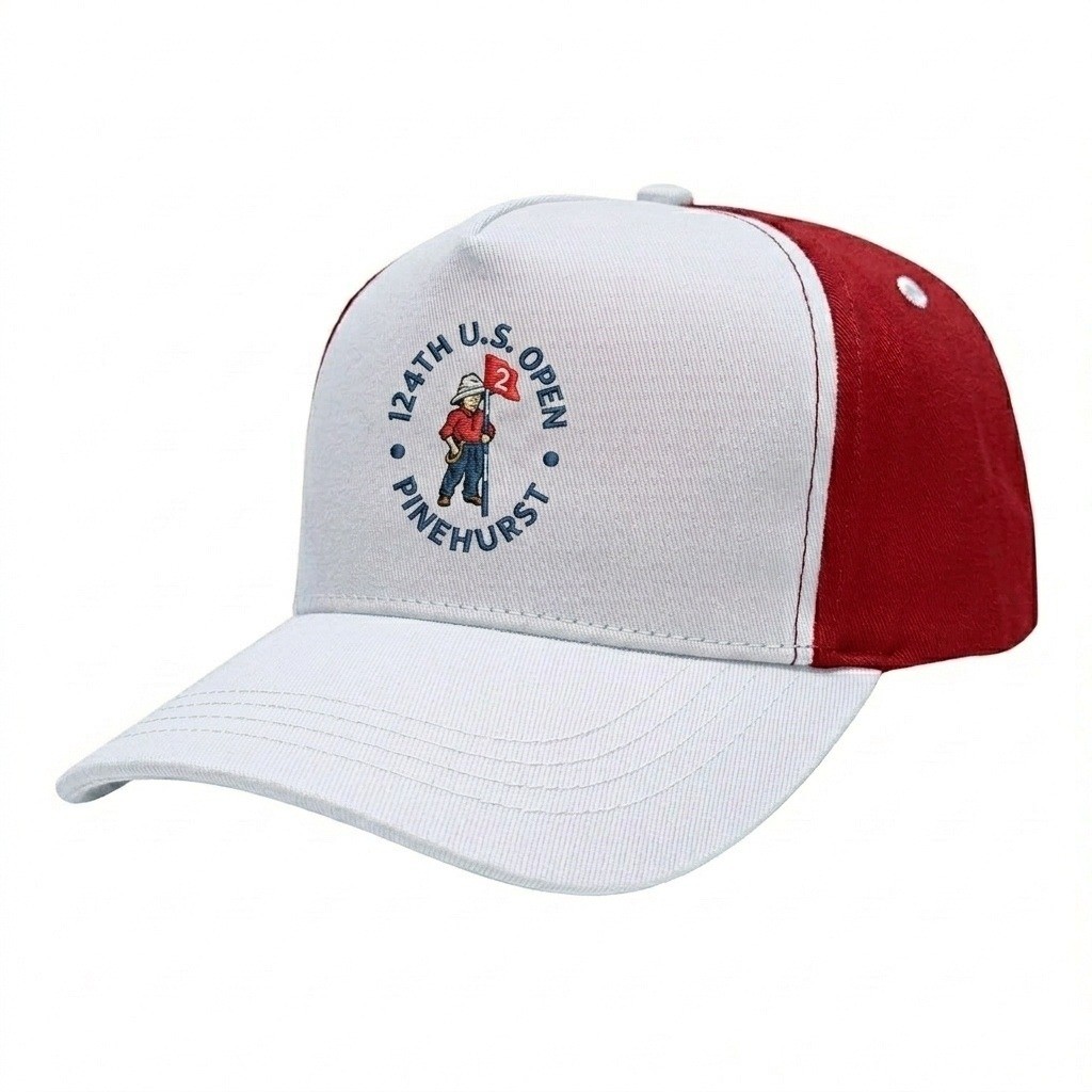 USA-made 5S White-Red Brushed Denim baseball cap, decorated view, manufactured in Newark NJ
