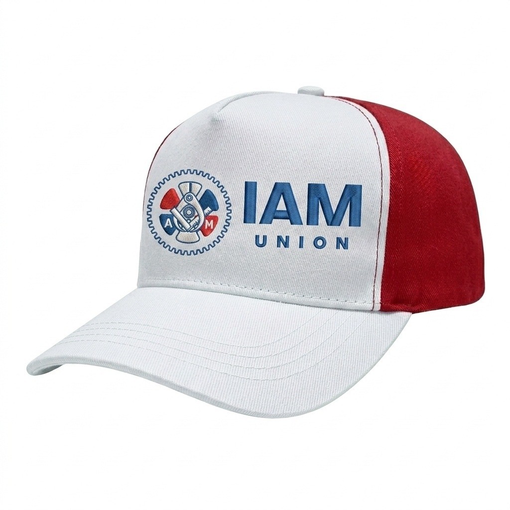 USA-made 5S White-Red Brushed Denim baseball cap, decorated view, manufactured in Newark NJ