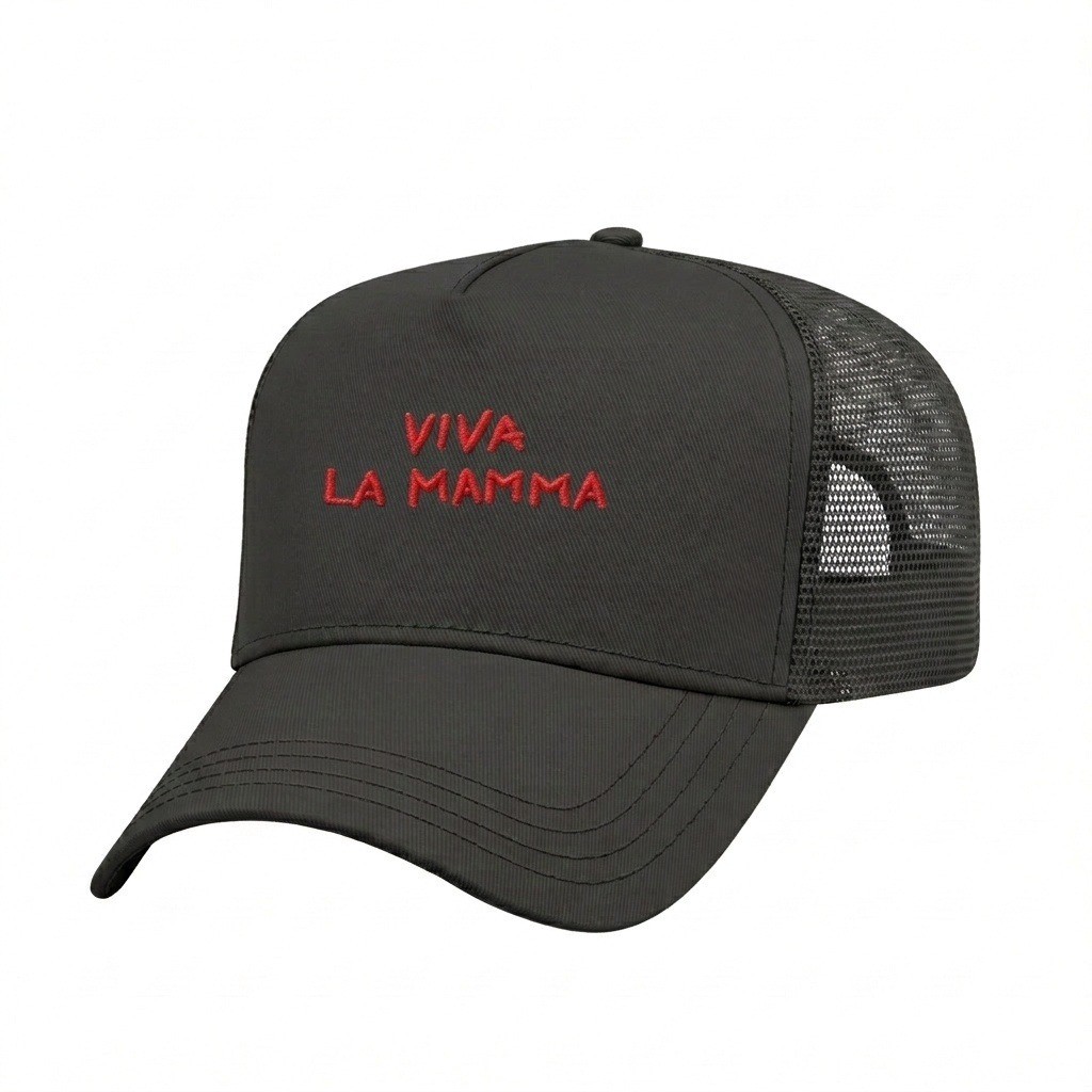 USA-made 5L Black Chino baseball cap, decorated view, manufactured in Newark NJ