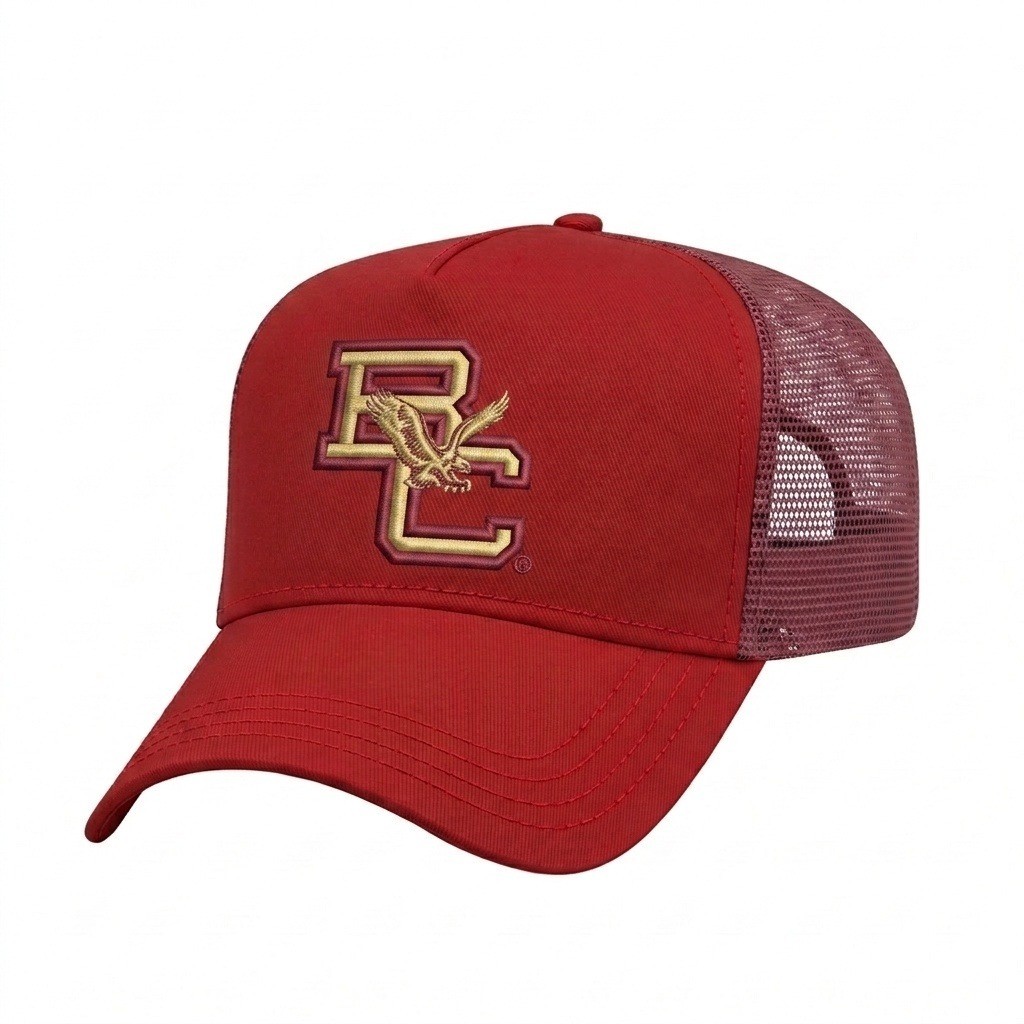 USA-made 5L Red Chino baseball cap, decorated view, manufactured in Newark NJ
