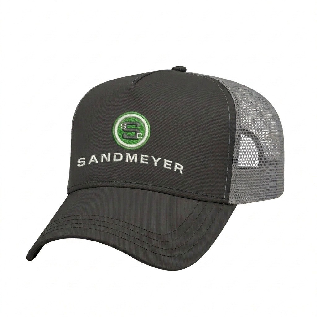 USA-made 5L Dark Gray-Light Gray Chino baseball cap, decorated view, manufactured in Newark NJ