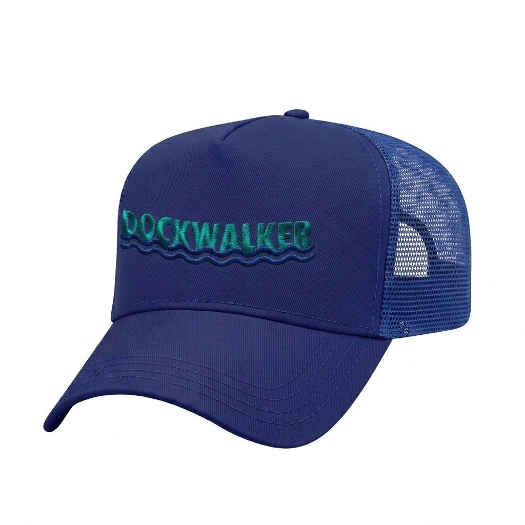 USA-made 5L Royal Blue Chino baseball cap, decorated view, manufactured in Newark NJ