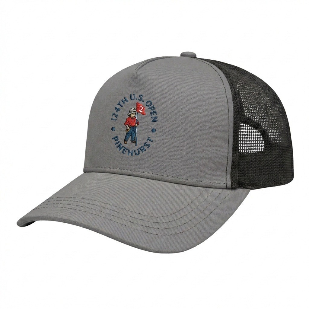 USA-made 5S Light Gray-Black Chino baseball cap, decorated view, manufactured in Newark NJ