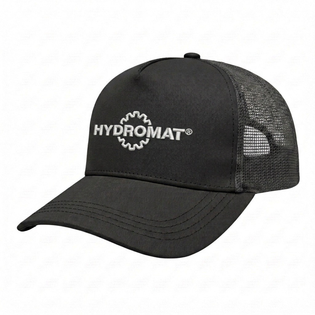 USA-made 5S Black Chino baseball cap, decorated view, manufactured in Newark NJ