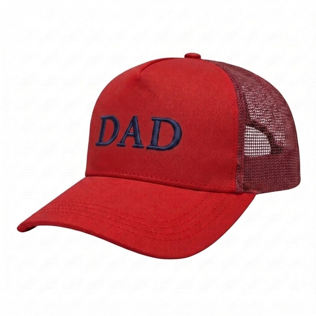 USA-made 5S Red Chino baseball cap, decorated view, manufactured in Newark NJ
