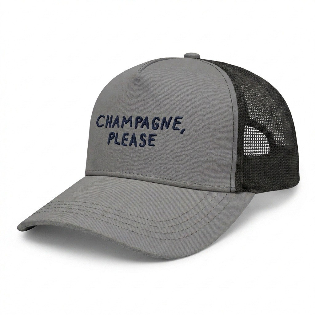 USA-made 5S Light Gray-Black Chino baseball cap, decorated view, manufactured in Newark NJ