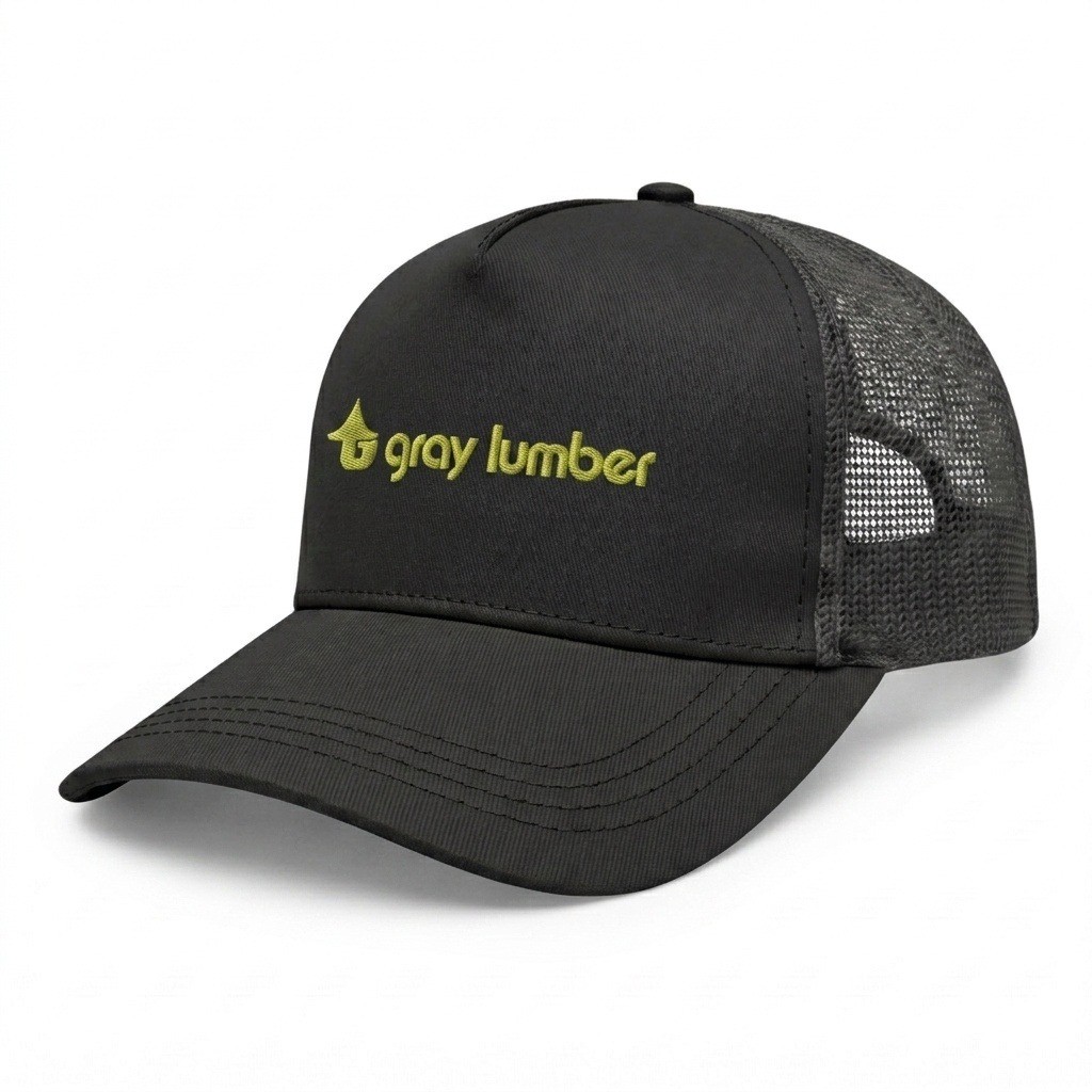 USA-made 5S Black Chino baseball cap, decorated view, manufactured in Newark NJ