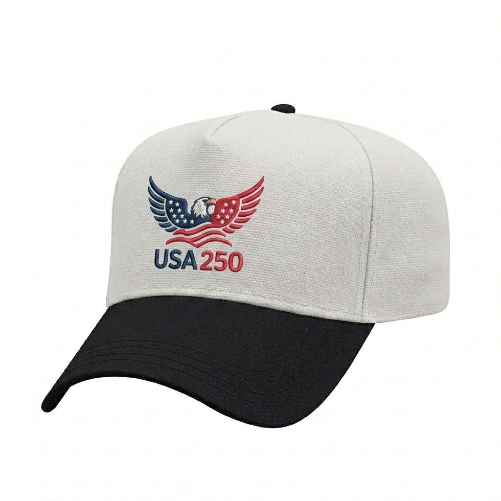 USA-made 5L White-Black Cotton Duck baseball cap, decorated view, manufactured in Newark NJ
