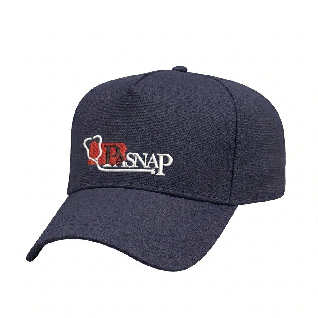USA-made 5L Navy Cotton Duck baseball cap, decorated view, manufactured in Newark NJ