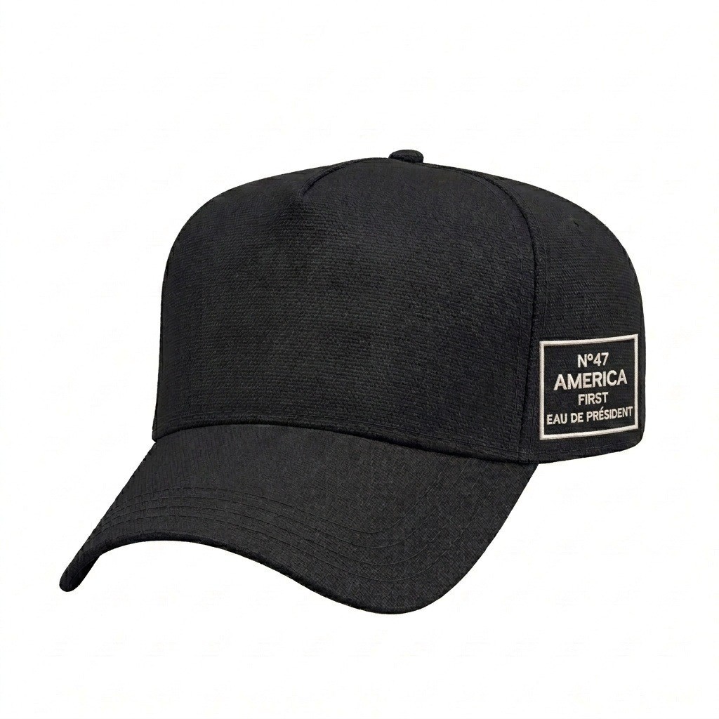 USA-made 5L Black Cotton Duck baseball cap, decorated view, manufactured in Newark NJ