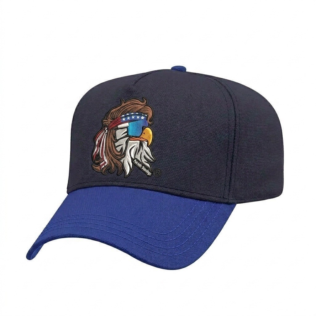 USA-made 5L Navy-Royal Blue Cotton Duck baseball cap, decorated view, manufactured in Newark NJ