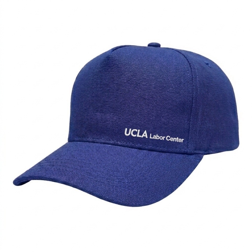 USA-made 5S Royal Blue Cotton Duck baseball cap, decorated view, manufactured in Newark NJ