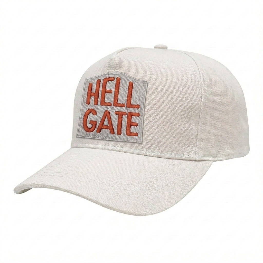 USA-made 5S White Cotton Duck baseball cap, decorated view, manufactured in Newark NJ