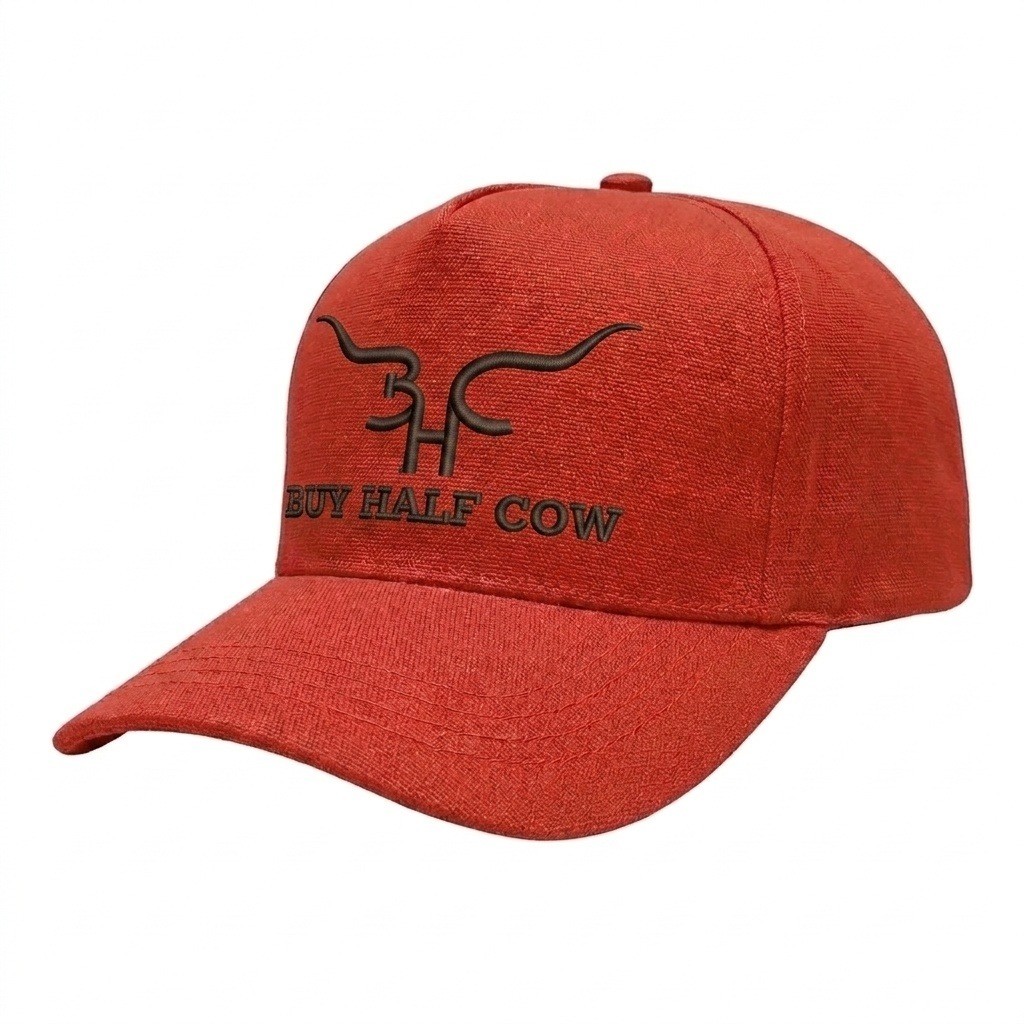 USA-made 5S Orange Cotton Duck baseball cap, decorated view, manufactured in Newark NJ