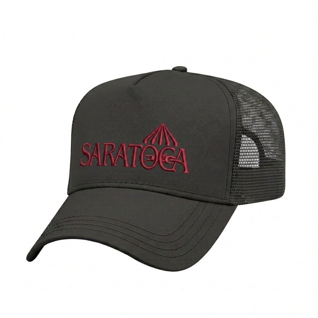 USA-made 5L Black Polycotton Twill baseball cap, decorated view, manufactured in Newark NJ