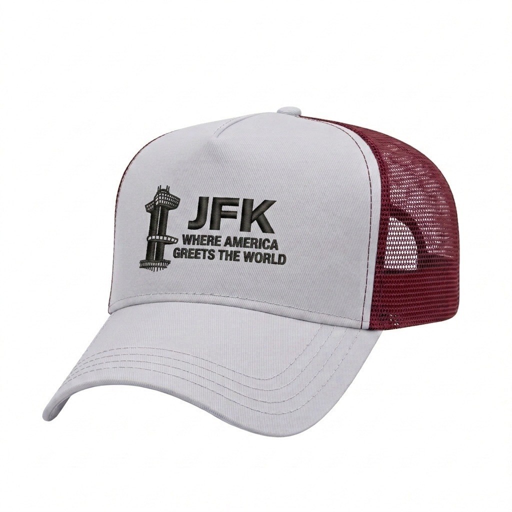 USA-made 5L White-Red Polycotton Twill baseball cap, decorated view, manufactured in Newark NJ