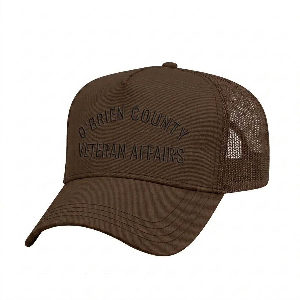 USA-made 5L Brown Polycotton Twill baseball cap, decorated view, manufactured in Newark NJ